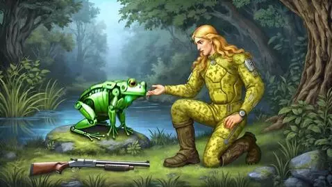 AI Video from prompt: The android frog replied to the man. Its legs th