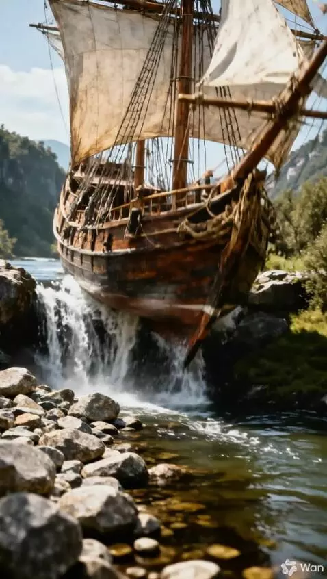 AI Video from prompt: Корабль падает с водопада и  разбивается о камни