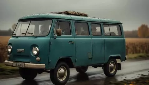 AI Video from prompt: A dark turquoise UAZ drives past the camera towa