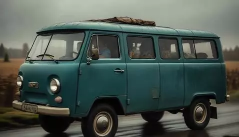 AI Video from prompt: A dark turquoise UAZ is driving towards the semi