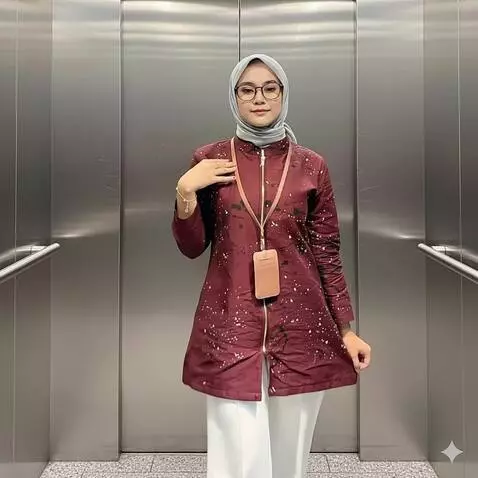 AI Video from prompt: Wanita ini bergaya dan tanggannya memegang baju.