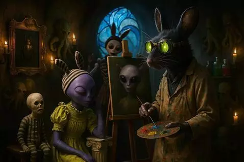 AI Video from prompt: Purple alien yawns slowly while rat paints a rab