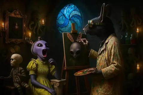 AI Video from prompt: Purple alien yawns slowly while rat paints a rab
