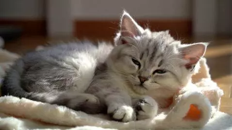 AI Video from prompt: The same fluffy kitten now safe and cozy indoors