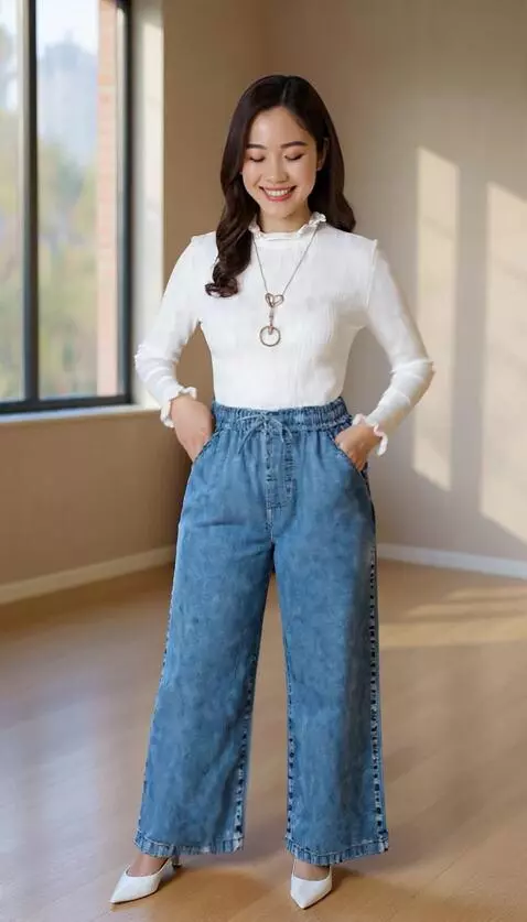 AI Video from prompt: Model berdiri tegap dengan senyum natural sambil