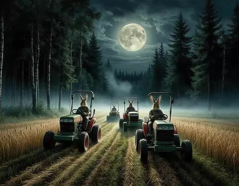 AI Video from prompt: зайцы рулят сенокосилками , сворачивают в поле с