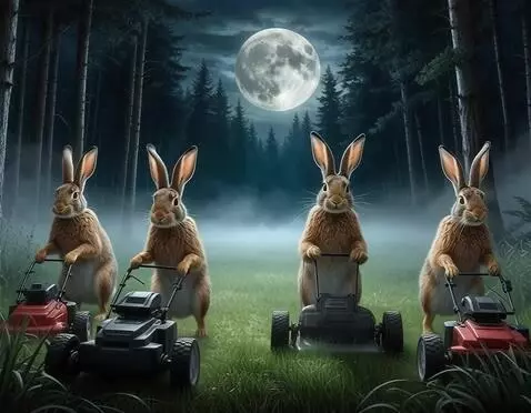 AI Video from prompt: зайцы активно подстригают траву газонокосилками,