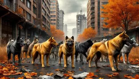 AI Video from prompt: Bunch of sick dogs is frightened by something be