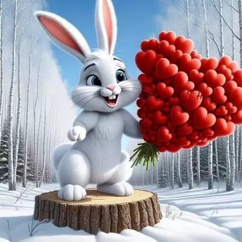 AI Video from prompt: Заяц смеется и дарит сердечки