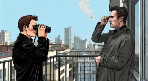 AI Video from prompt: Un homme espionnant avec des jumelles un homme d