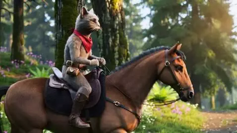 AI Video from prompt: 9:16  добрый кот в сапогах едет на лошади по лес