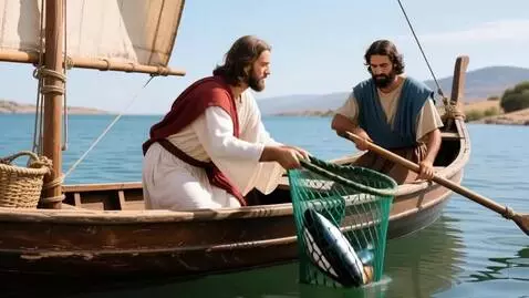 AI Video from prompt: Jesus on the boat helping Simon catch fish into 