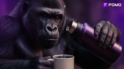 AI Video from prompt: Fomo ape drinking his fomo coffee and getting en