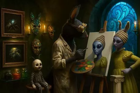 AI Video from prompt: The rat paints thin ears on the beanie on the pa