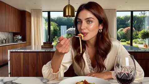 AI Video from prompt: Pretty woman is eating delicious food in the lux