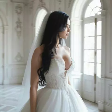 AI Video from prompt: The bride's reflection in a gilded mirror steps 