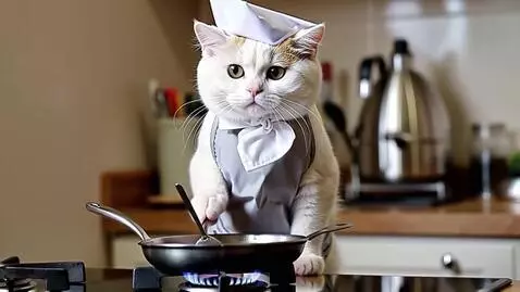 AI Video from prompt: A cute white cat wearing a chef apron and a chef