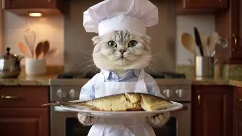 AI Video from prompt: A cute white cat in a chef apron and chef hat, s