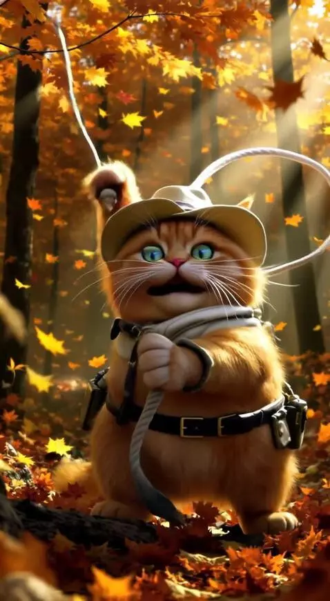 AI Video from prompt: Рыжий кот в стиле ковбоя размахивает кнутом  и с