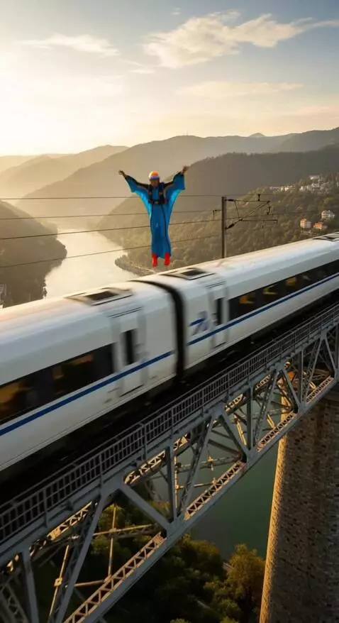 AI Video from prompt: Спортсмен в синем костюме крыле прыгает в пропас