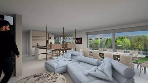 AI Video from prompt: по лестнице спускается мужчина, подходит к диван