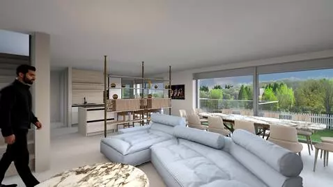 AI Video from prompt: по лестнице спускается мужчина, подходит к диван