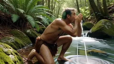 AI Video from prompt: A man drinks water in the Stone Age.