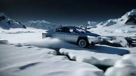 AI Video from prompt: The Tesla Cybertruck races through a snowy lands