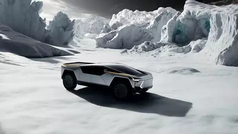 AI Video from prompt: The Tesla Cybertruck races through a snowy lands