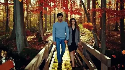 AI Video from prompt: Яркая красивая осень, по мосту идут мужчина и же