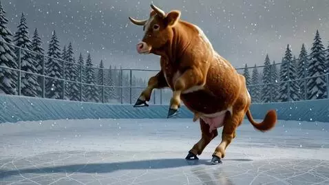 AI Video from prompt: озорная корова на задних лапах виртуозно катаетс