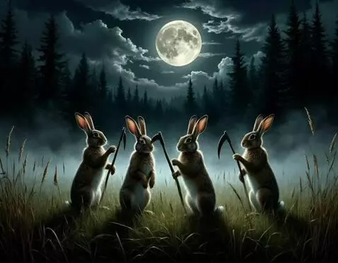 AI Video from prompt: зайцы косят косами траву вокруг себя