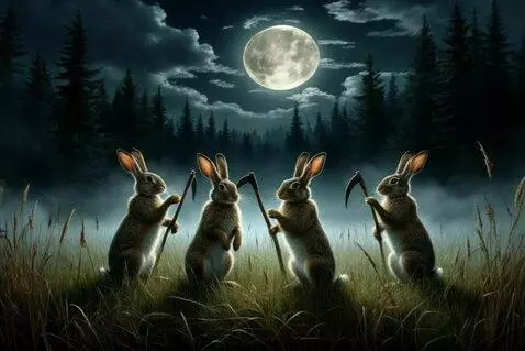 AI Video from prompt: зайцы косят косами траву вокруг себя