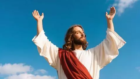 AI Video from prompt: Have Jesus stand up and raise his hands to the s
