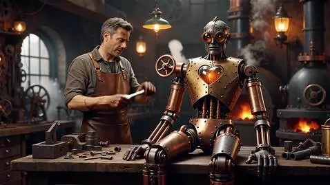 AI Video from prompt: Engineer is creating a steampunk golem in his wo