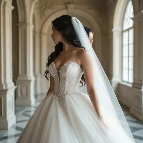 AI Video from prompt: Отражение невесты в позолоченном зеркале выходит