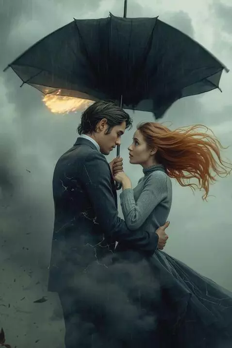 AI Video from prompt: Молодые люди стоят под большим черным зонтом на 