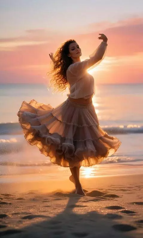 AI Video from prompt: A woman dances a paso doble on the beach at suns