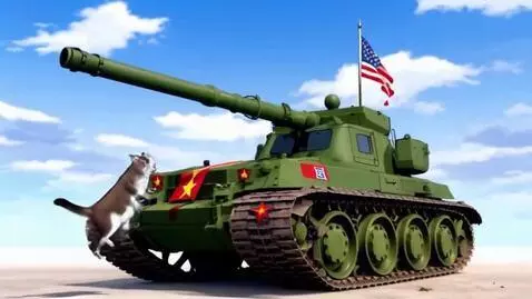 AI Video from prompt: кот прыгает на танк и кричит урааааа победа