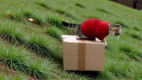 AI Video from prompt: 9:16 кот в свитере сидит на картонке и под дейст