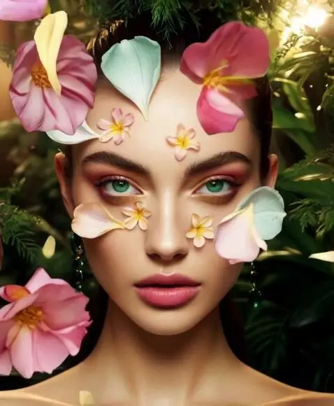 AI Video from prompt: Rose petals fall from above in front of the girl