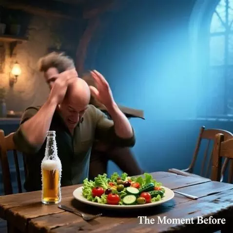 AI Video from prompt: the bald man is in shock, clutches the back of h