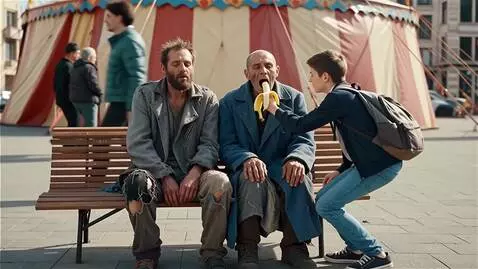 AI Video from prompt: 2 ruzna halapljiva coveka sede na klupi ispred v