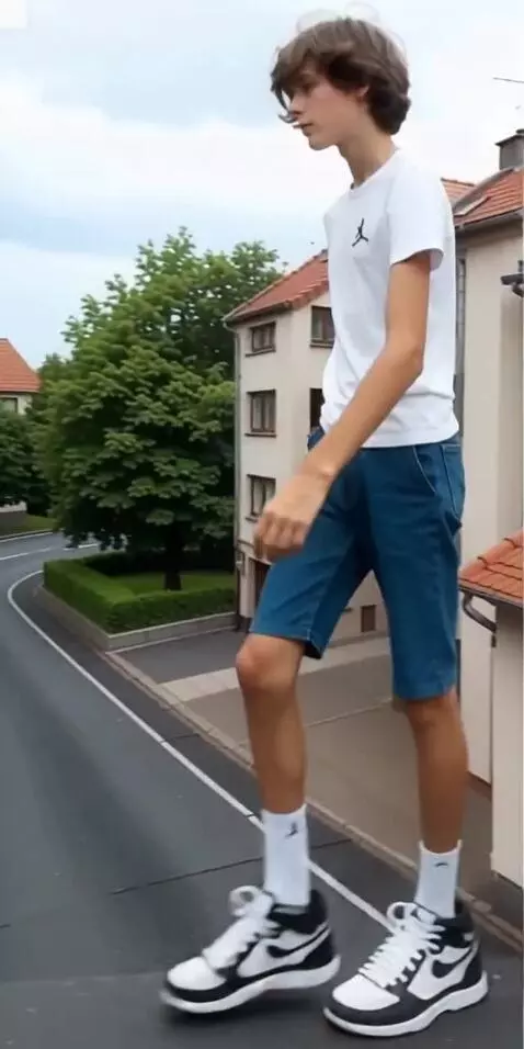 AI Video from prompt: The tall boy walking on the street. Camera follo