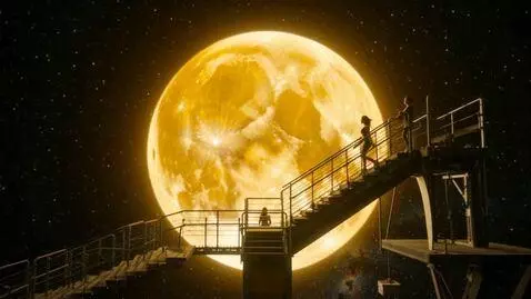 AI Video from prompt: В космосе  видна  огромная желтая  луна на ней в