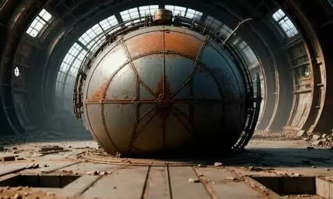 AI Video from prompt: Moving farer from the orb in the old hangar