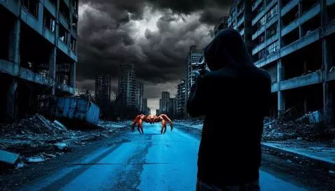 AI Video from prompt: The man kills giant crab with gun and crab's hea