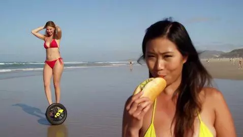 AI Video from prompt: Fat Latina in a bikini riding a onewheel board o