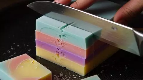 AI Video from prompt: ASMR video of slicing colorful layered soap. Clo
