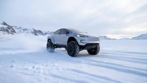AI Video from prompt: In a futuristic scene, a sleek Tesla Cybertruck 